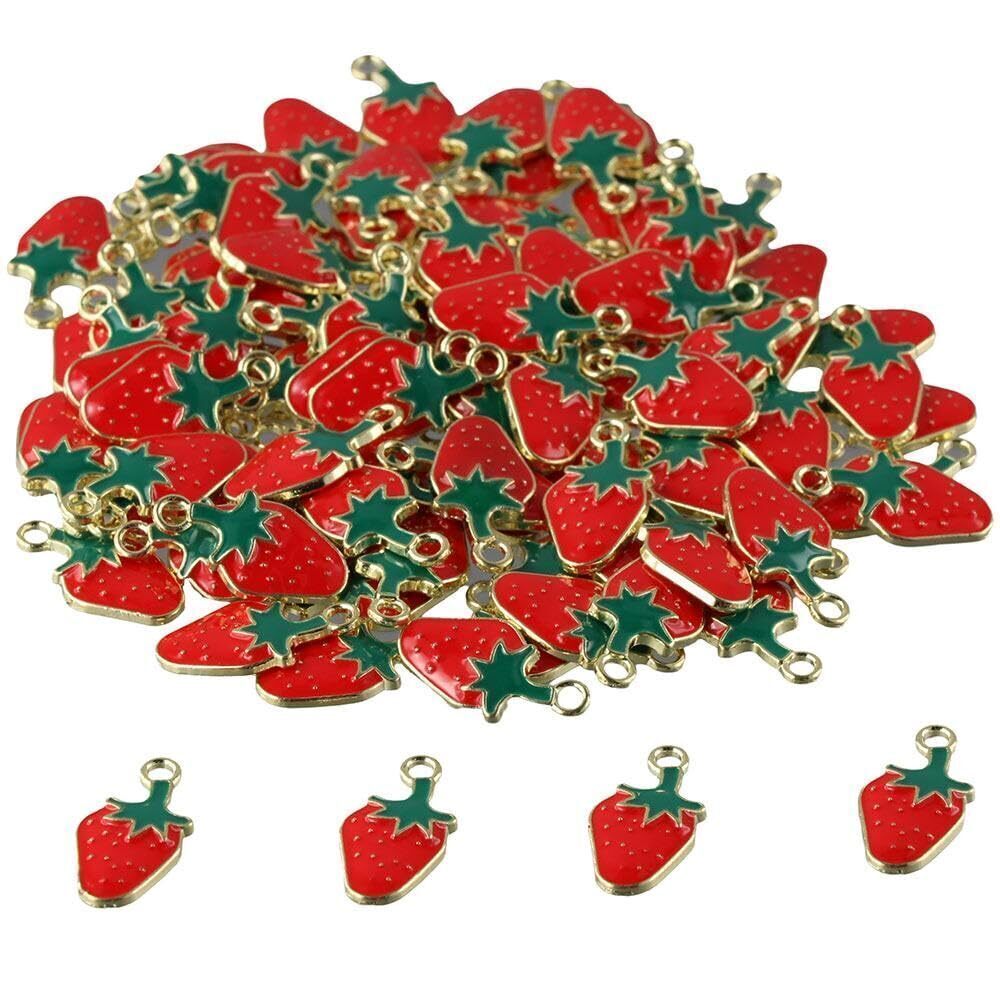 7292 100Pcs Enamel Strawberry Charms Red Strawberry Pendants for Jewelry
